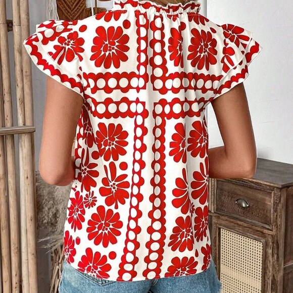 Multicolor Boho Women's Sleeveless V-Neck Blouse With All-Over Print - Picture 2 of 6